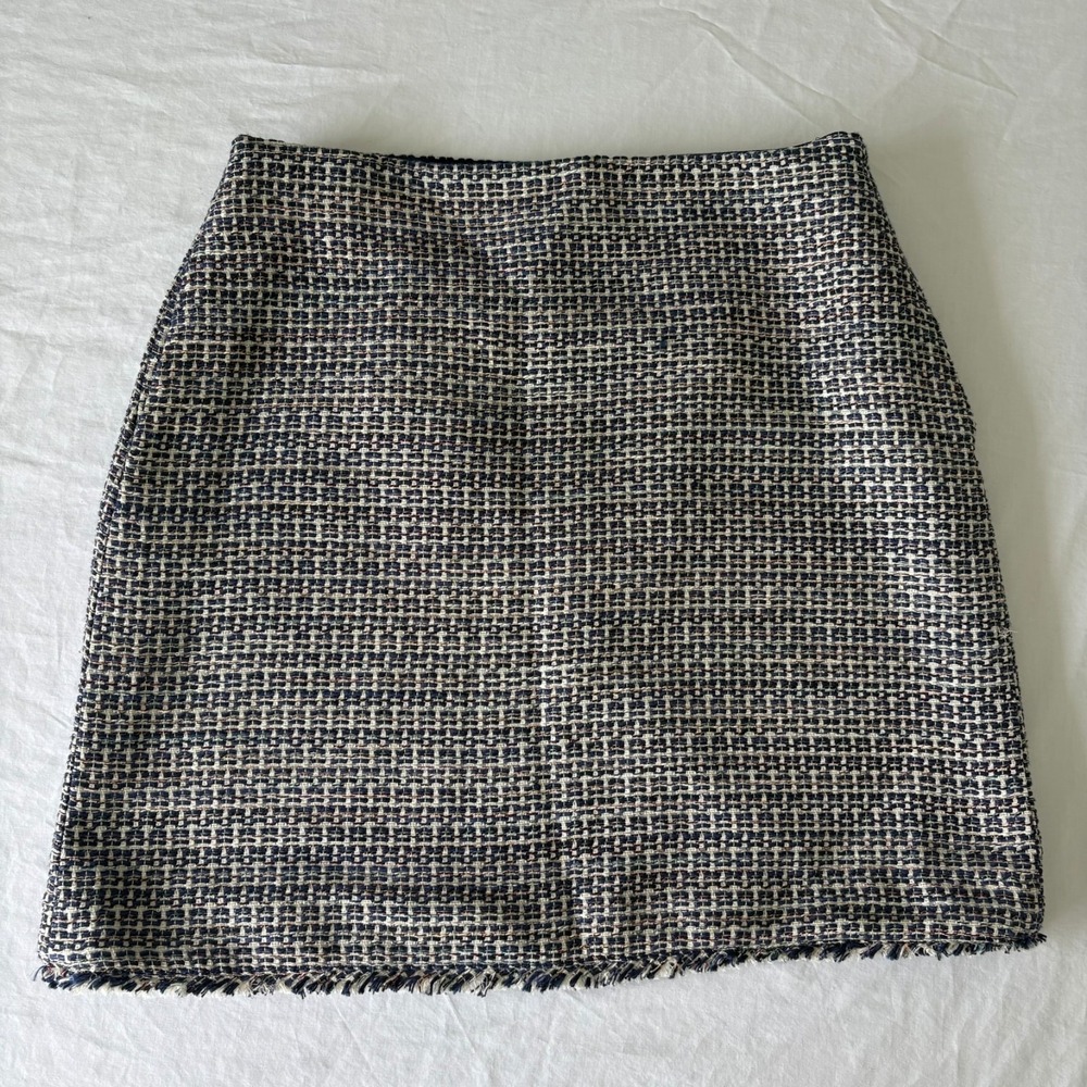 Banana Republic Womens Gray Blue Tweed Pencil Plaid Lined Side Zip Mini Skirt 6